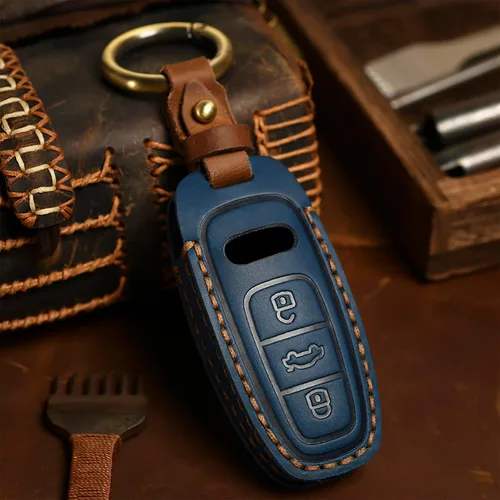 Vista 3 de OLLEN - Funda de piel auténtica sin tornillos, apta para Audi A3 A6 A6L A7 A8 Q7 Q8 E-Tron S3 S6 S7 SQ7 RS6 RS7, etc., protector de llave Azul