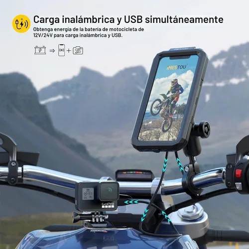 Vista 2 de iMESTOU Soporte inalámbrico impermeable para motocicleta con cargador rápido USB-C, soporte antirrobo de teléfono de bola de 1 pulgada con base