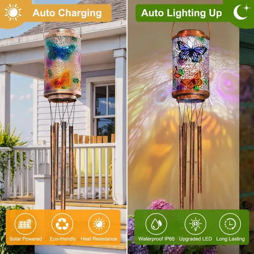 Vista 4 de Campanillas de viento solares de mariposa para exteriores, regalos de jardín para mamá, faroles solares para decoración al aire libre para balcón