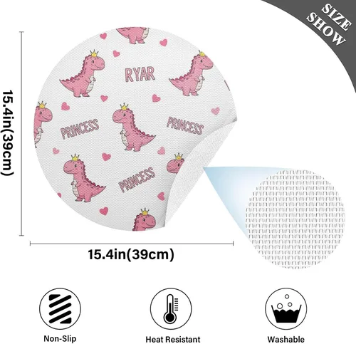 Vista 4 de Cute Pink Cartoon Dinosaurs Dinner Table Placemats, Heat Resistant Non Slip PVC Placemats Round for Kitchen one sizex4
