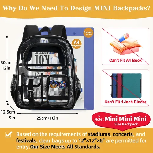 Vista 3 de Mini mochila transparente para estadio aprobada 12x6x12, pequeñas mochilas transparentes, Negro, Pequeño, Lindo