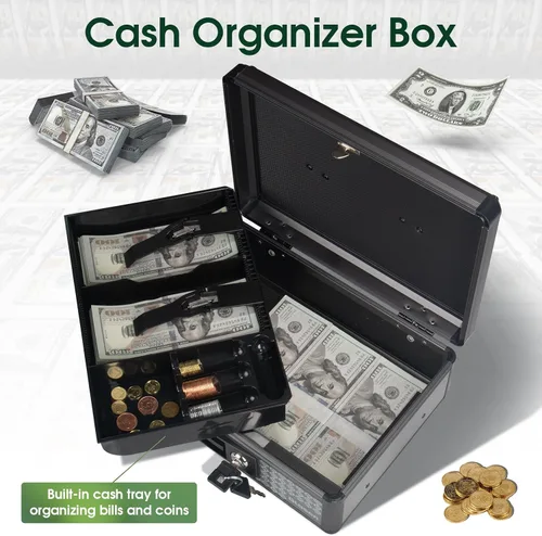 Vista 2 de Glosen Caja de efectivo con cerradura, caja de dinero con cerradura de llave y bandeja extraíble para monedas de 8.85 x 5.3 x 11.8 pulgadas
