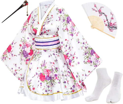 Vista 13 de Elibelle - Kimono de baile de anime japonés para mujer, bata, vestido elegante, abanicos de seda plegables de mano, juego de calcetines con tabi