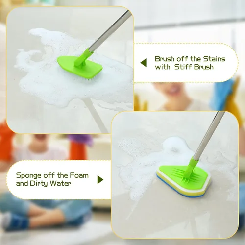 Vista 6 de Cepillo de limpieza con mango largo, 2 en 1, extensible, para baño, con 2 cerdas rígidas y 4 esponjas con mango largo, limpiador ligero desmontable
