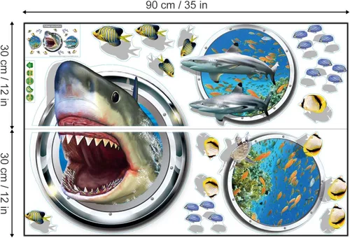 Vista 5 de Calcomanías de pared 3D con diseño de tiburón, peces tropicales, bricolaje, decoración artística para niños, dormitorio, sala