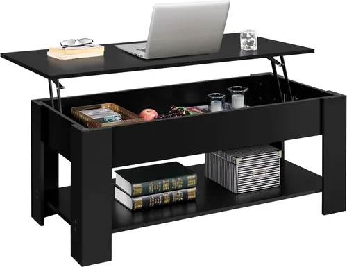 Vista 10 de Yaheetech Mesa de café de madera, mesa de centro con estante de almacenamiento oculto grande, mesa de comedor con superficie elevada para sala