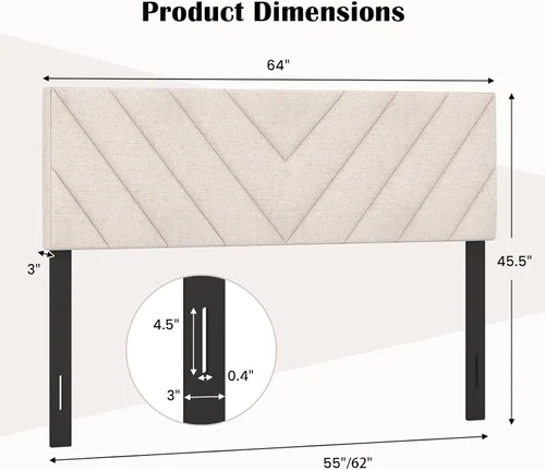 Vista 3 de KOMFOTT - Cabecera tapizada en tela de lino para cama tamaño Full/Queen, cabecera rectangular con patas de madera maciza y ancho ajustable, cabecera