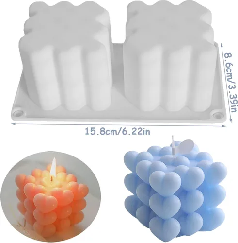 Vista 2 de Molde de vela de silicona con forma de corazón de 2 cavidades, molde de burbujas geométricas 3D para hacer velas, jabón de resina, moldes de corazón
