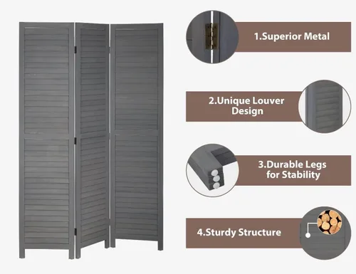 Vista 4 de Divisor de habitación de 3 paneles, pantalla de privacidad plegable de 67 pulgadas de alto con paneles de madera con rejillas, partición Gris
