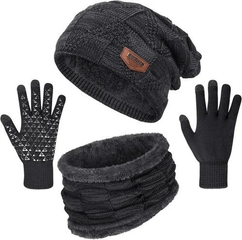 Vista 7 de Loritta Winter Hats for Men, 3 PCS Fleece Beanie Scarf Gloves Set A-Negro