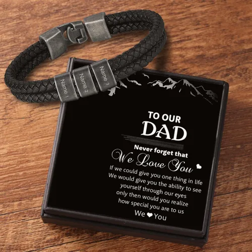 Vista 5 de Pulsera personalizada con nombre para hombre, pulsera de cuero personalizada para hombre con 2-5 cuentas vintage grabadas con nombres de familia