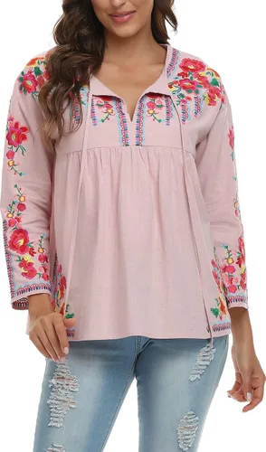 Vista 4 de YZXDORWJ Camisa bordada mexicana para mujer