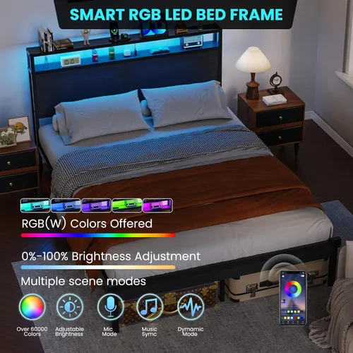 Vista 3 de Full Size Bed Frame with Headboard Built-in Charging Station & Led Lights