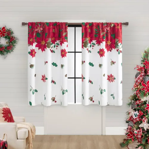 Vista 3 de SHINELAND Cortinas de cocina de Navidad, flor de pascua roja, cortina térmica corta para ventanas pequeñas, cortinas de Navidad para cocina, 45