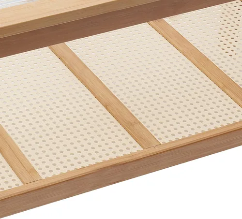 Vista 9 de Mesa auxiliar rectangular de 2 niveles de mediados de siglo con parte superior de cristal y estante de almacenamiento rústico, soporte de TV