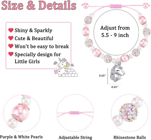 Vista 4 de HGDEER Valentines Day Gifts for Little Girls Unicorn Bracelet for DaughterGranddaughterNiece Pink Pearl and Rhinestone Balls Bracelet Adjustable