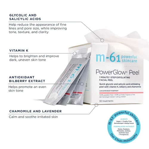 Vista 6 de Tratamientos M-61 Power Glow Peel, tamaño 10 tratamientos Ácido glicólico, ácido salicílico, 1 minuto, 1 paso