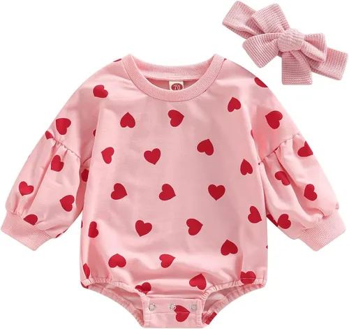 Vista 113 de SOLILOQUY Traje de manga larga con cuello redondo para el primer día de San Valentín para bebé niño y niña, mameluco de corazón de amor
