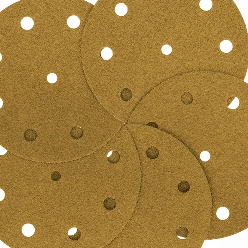 Vista 3 de Dura-Gold Discos de lijado dorados de 5 pulgadas de alta calidad, grano 60 (caja de 50), papel de lija con 9 agujeros sin polvo con gancho y bucle