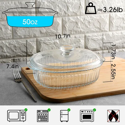 Vista 2 de NUTRIUPS Cacerola de vidrio ovalada de 1.9QT con tapa de vidrio, vidrio borosilicato, cacerola ovalada para horno, plato de hornear con tapa