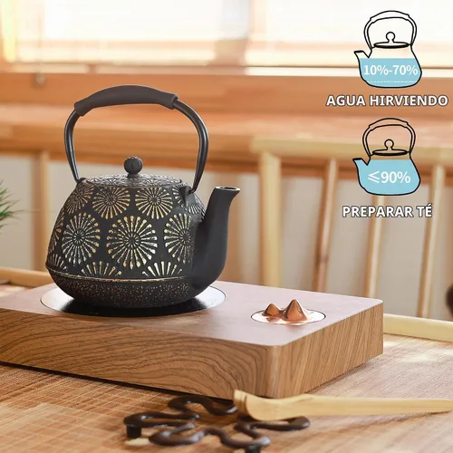 Vista 4 de Tetera de hierro fundido, hervidor de té de 40 onzas con infusor para estufa, diseño Sakura, tetera japonesa para hojas sueltas con interior Negro