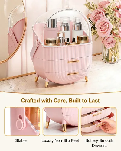 Vista 3 de Organizador de maquillaje con cajones y tapa, estuche portátil grande de almacenamiento de cosméticos para encimera de tocador, viajes, regalo