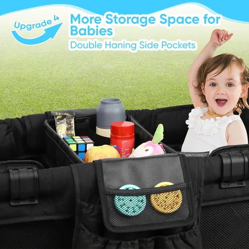 Vista 6 de Bandeja de aperitivos para cochecito con soportes para botellas anticaídas para Wonderfold Wagon, interior de piel sintética impermeable, fácil