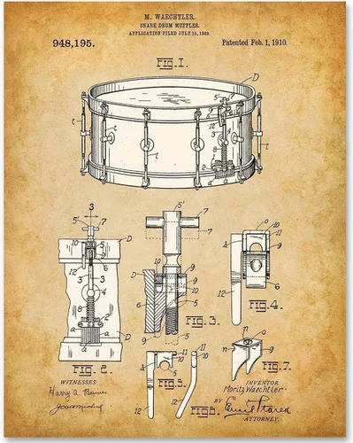 Vista 8 de Waechtler Snare Drum Patent Print - Classic Music Studio Decor, Percussion Instrument Display, Orchestra Concert Band Poster, Great Gift for