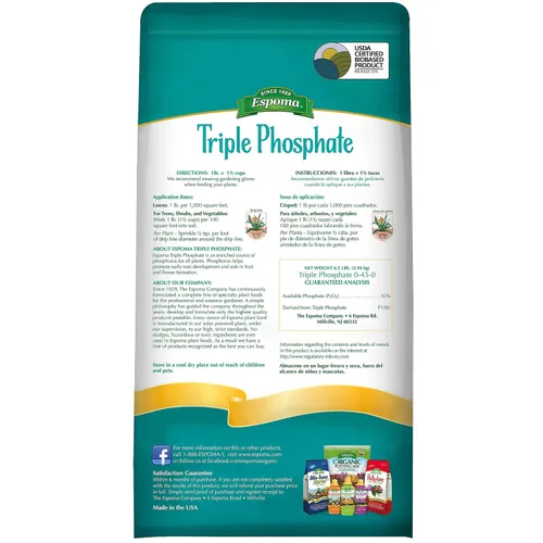 Vista 3 de Espoma Fertilizante triple fosfato 0-45-0, bolsa de 6.5 libras. Promueve el crecimiento de raíces y la floración en todas las plantas con flores