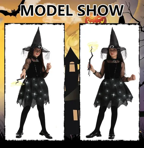 Vista 3 de Oumbivil Disfraz de bruja para niños, disfraz de Halloween para niñas, disfraz gótico de hechicera