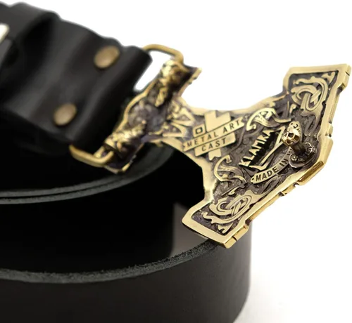 Vista 4 de Leather belt with Thor Hammer buckle, Scandinavian Old Norse Viking Mjolnir solid brass belt buckle on 1.5" or 1.8" leather strap