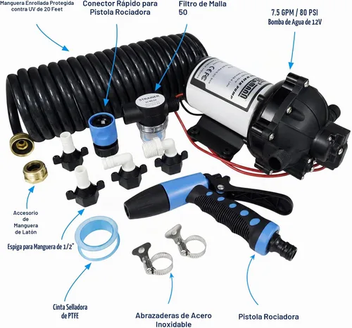 Vista 4 de WASSERMANN Kit de bomba de lavado de 12 V, 7.5 GPM 80 PSI para barco marino