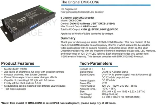 Vista 7 de SIRS-E DMX-CON6 LED DMX decodificador 6 canales RGB controlador 6A/CH, 12-24V DC, 432-864W