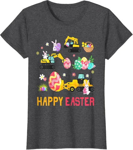 Vista 5 de Kids Happy Easter Construction Crane Truck Boys Toddler T-Shirt Negro