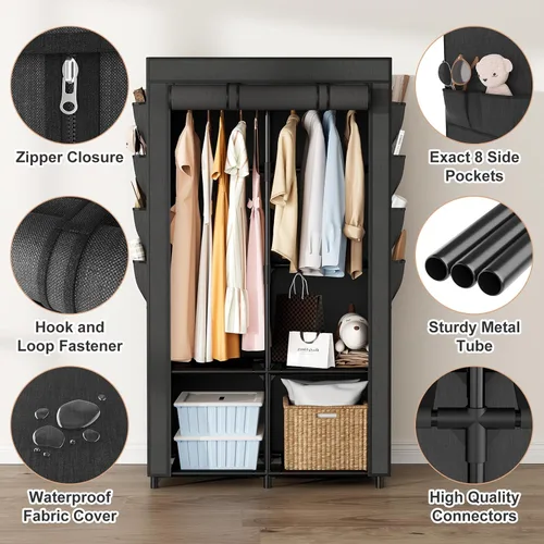 Vista 4 de Armario portátil para colgar ropa, armario portátil con tapa, 4 estantes de almacenamiento, 2 varillas para colgar y 8 bolsillos laterales, fácil