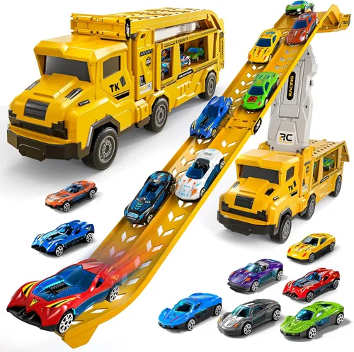 Vista 9 de Juguetes de camiones de transporte para niños de 3, 4, 5, 6 y 7 años, juego de camiones transportadores con pista de carreras y 12 juguetes de autos