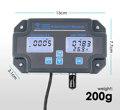 Vista 5 de Probador inteligente de calidad del agua 6 en 1 pH/EC/TDS/Salinidad/S.G y medidor de temperatura con monitor continuo Wi-Fi Medidor de agua de pH