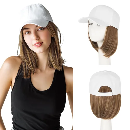 Vista 14 de S-noilite Peluca de gorra de béisbol de 6 pulgadas con peinado Bob y extensiones de cabello, gorra de béisbol recta ajustable para mujer