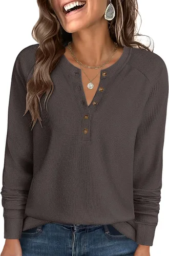 Vista 16 de ANRABESS Camisas de manga larga Henley de punto gofre para mujer Negro