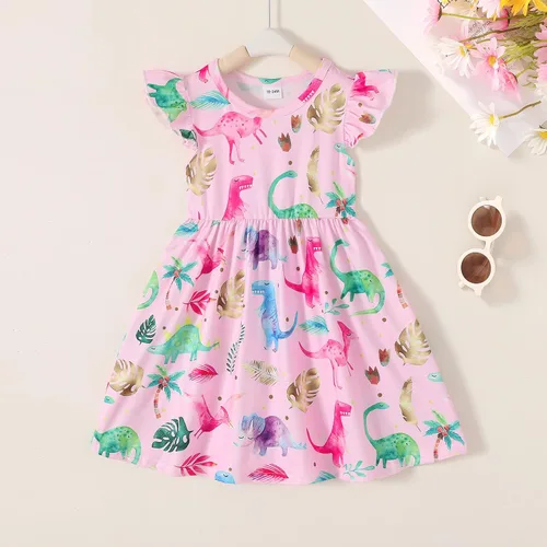 Vista 2 de Happy Town Vestido de dinosaurio para niñas y bebés, con volantes, manga con volantes, tutú de dinosaurio, vestido casual de verano