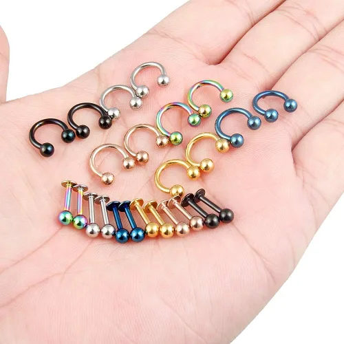 Vista 7 de Kridzisw 24 piezas 14G acero quirúrgico herradura nariz aros septum pezón lengua ombligo anillo piercing joyería para mujeres hombres 0315in 0394in