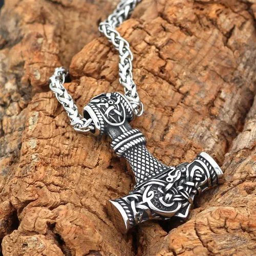 Vista 4 de NICHANGHUA Collar con colgante de martillo de amuleto vikingo de acero inoxidable Mjolnir vikingo, joyería nórdica