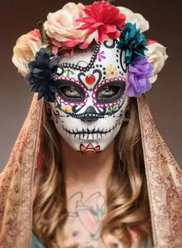 Vista 3 de Máscara mexicana del día de los muertos, calavera de azúcar, máscara para mujer