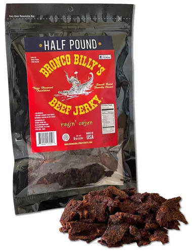 Vista 12 de Bolsa resellable de media libra de carne de res con sabor a bourbon Bronco Billy's Beef Jerky