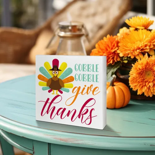Vista 4 de Decoración de mesa de madera de Acción de Gracias, decoración de mesa de otoño con texto en inglés "Gobble Give Thanks", decoración de mesa de otoño