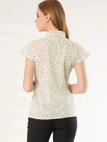 Vista 5 de Allegra K Blusa de verano con botones y cuello con volantes para mujer, M