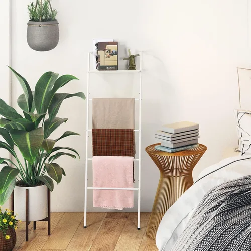 Vista 8 de Soporte de Escalera para Mantas para Sala de Estar Estilo Granja, Soporte Decorativo de Escalera con Estante de Almacenamiento, Perchero de Pared