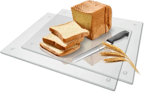 Vista 8 de Tabla de cortar pequeña de vidrio, vidrio templado transparente para cocina, 1 pieza (8 x 12 pulgadas), con patas de goma, antideslizante, duradera