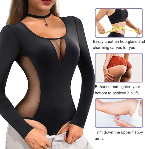 Vista 3 de Eleady Body de manga larga para mujer overol ajustado camiseta básica leotardo con control de abdomen y cintura
