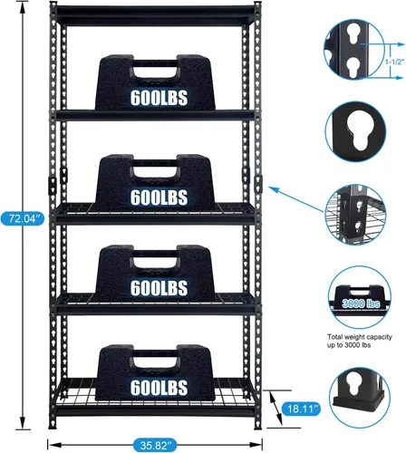Vista 3 de Juggernaut Storage Pachira - Estantería de acero de 36 pulgadas de ancho x 18 pulgadas de profundidad x 72 pulgadas de alto, altura ajustable, 5